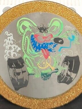Neon Rat Fink Graphic Disc with Gold Glitter Border Mini Desk Mirror Personalize